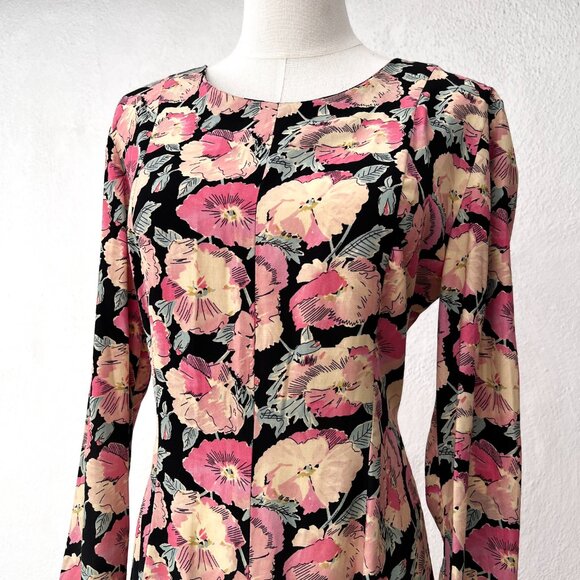Vintage 90s Ashley Brooke Long Sleeve Floral Rayon Swing Dress VTG 10 / Modern 6 - Picture 12 of 15